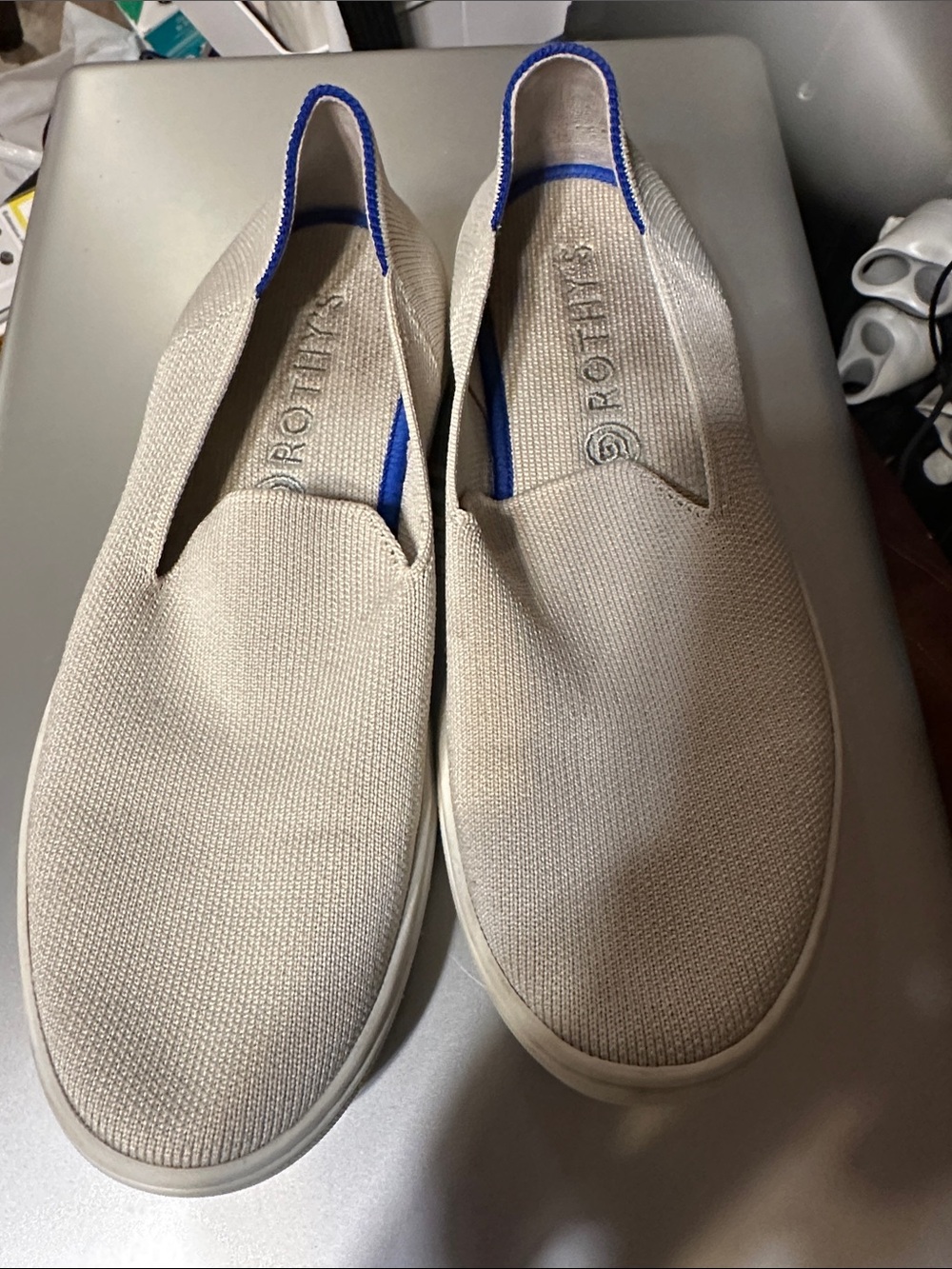 Rothy's Beige Knit Slip-On Loafers with Blue Trim